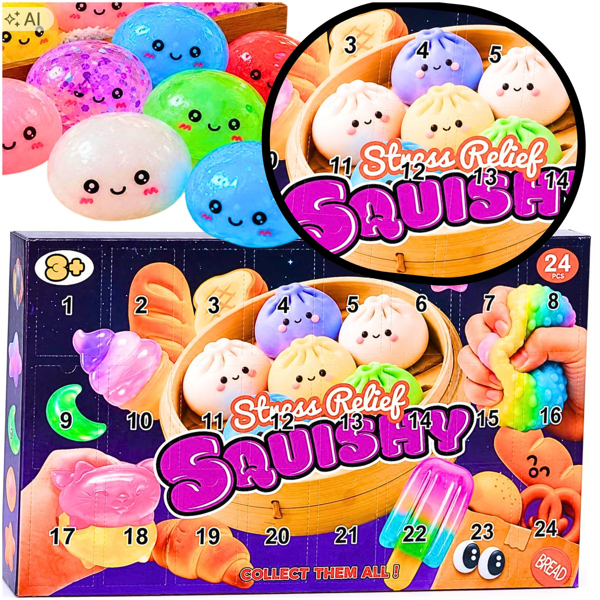 ADVENT CALENDAR DUMPLINGS 24 SQUISHIES SQUISHY MYSTERY COLORFUL