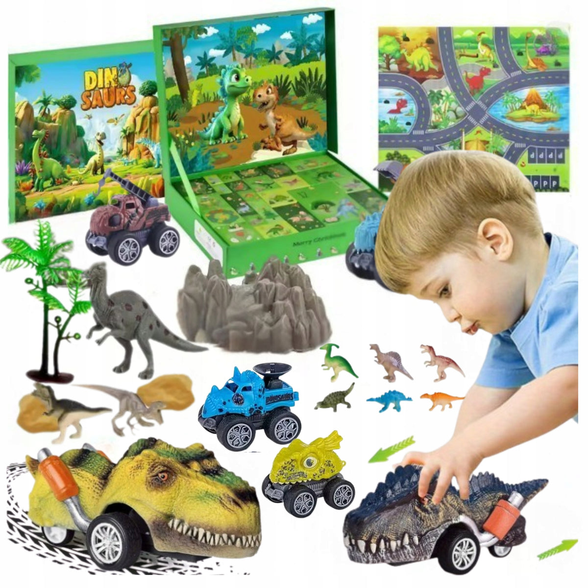 ADVENT CALENDAR FOR CHILDREN WITH DINOSAURS DINOSAUTY CAR FIGURINES MAP