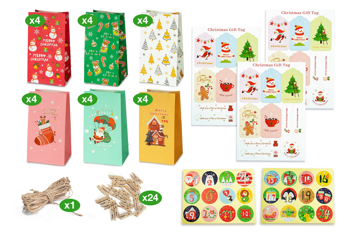 ADVENT CALENDAR PAPER BAGS FOR GIFT BUCKLES AND STICKERS 24PCS Brand Allbag