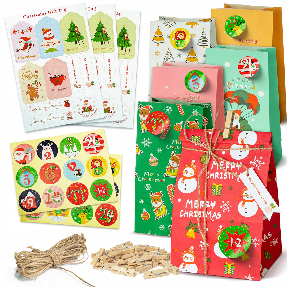 ADVENT CALENDAR PAPER BAGS FOR GIFT BUCKLES AND STICKERS 24PCS Manufacturer code KALENDARZ025