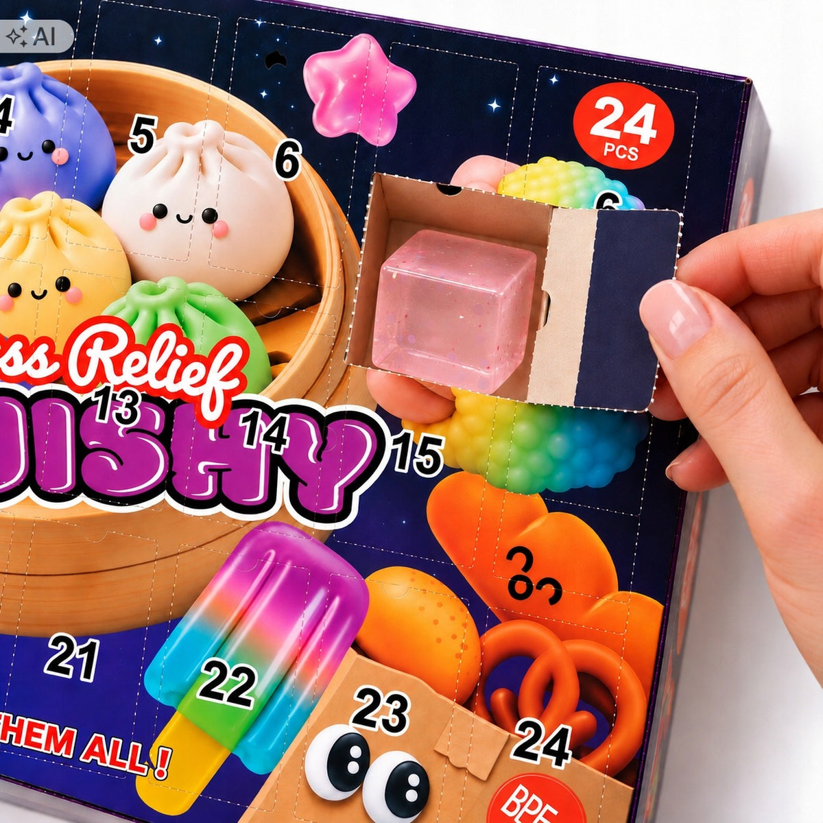 ADVENT CALENDAR SQUISHY SQUISHIES 24 windows SQUEEZE CUBES gift Manufacturer code adwentowy kalendarz GNIOTKI PIEROŻKI zestaw