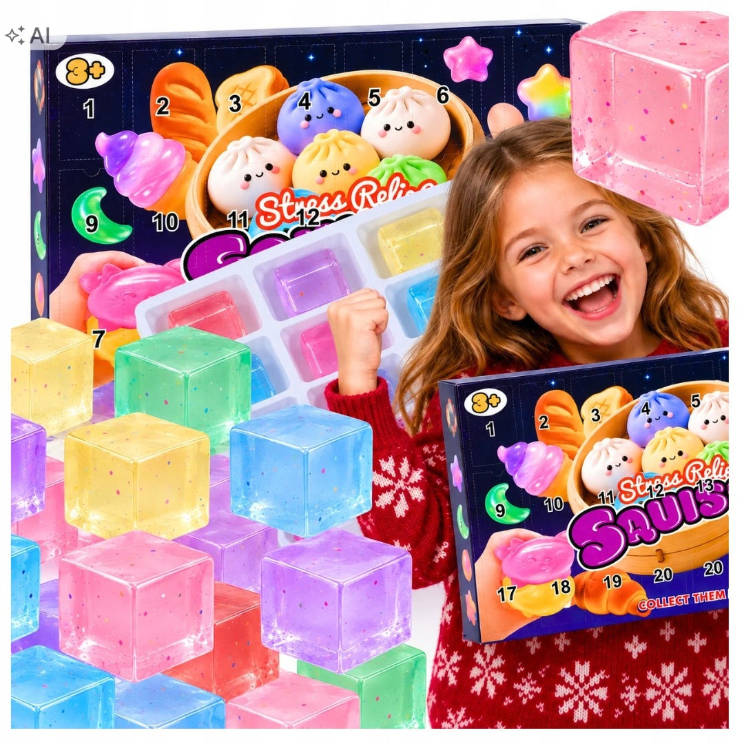 ADVENT CALENDAR SQUISHY SQUISHIES 24 windows SQUEEZE CUBES gift