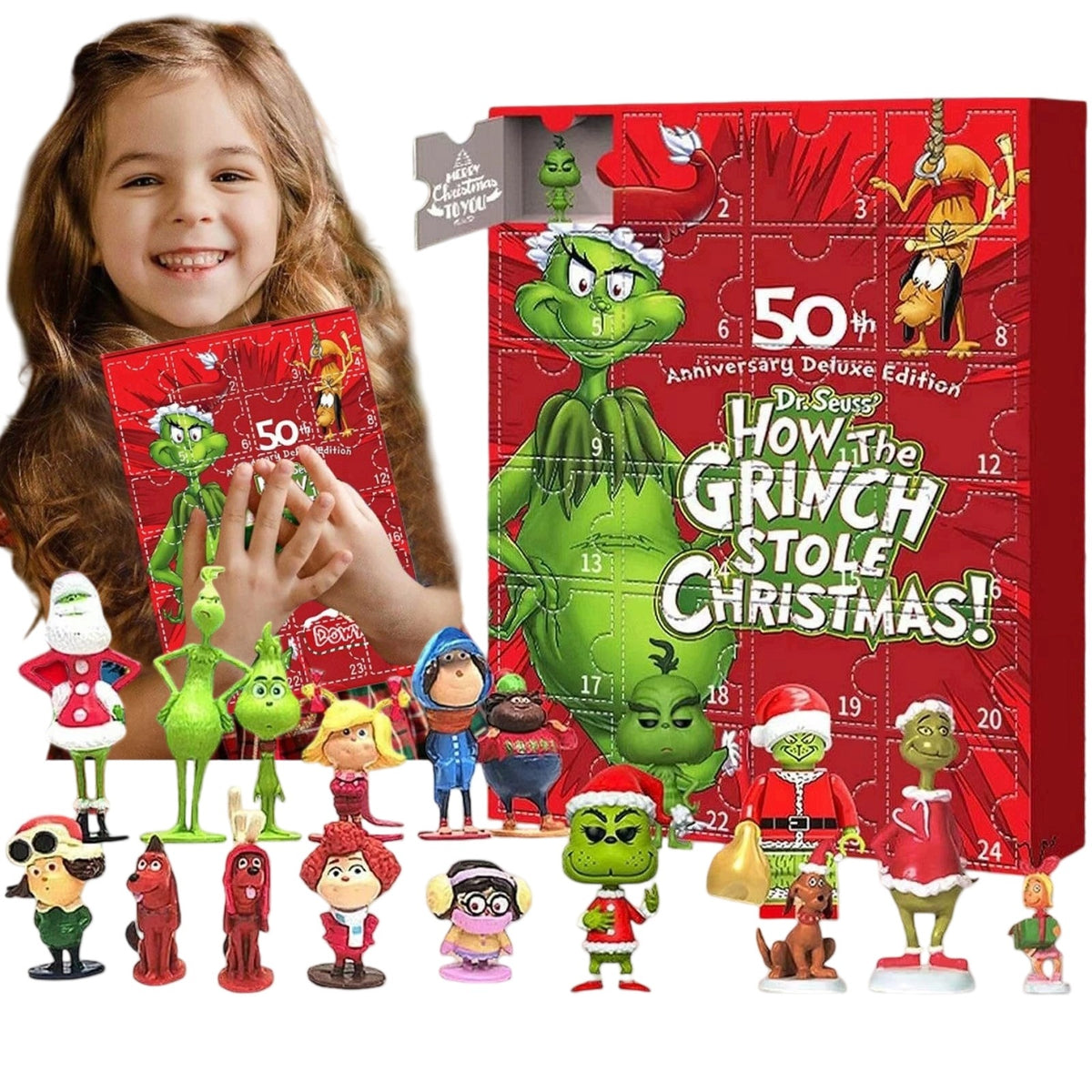 ADVENT CALENDAR WITH GRINCH FIGURINES FOR CHILDREN COUNTDOWN 24 DAYS GIFT