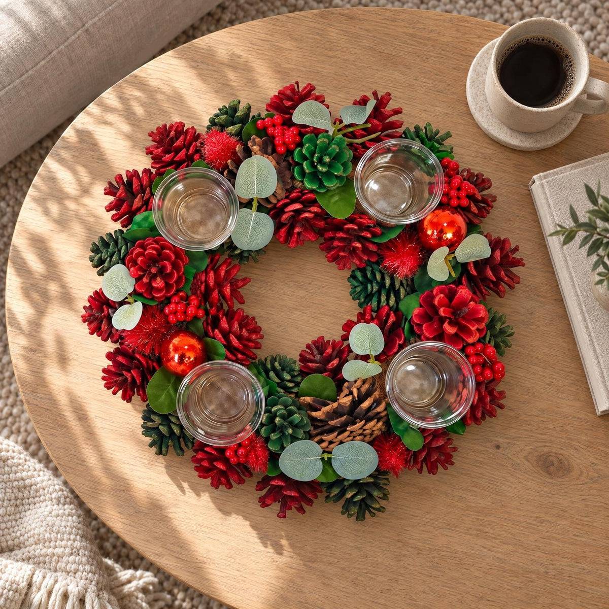 ADVENT WREATH 4 CANDLESTICKS WITH CONES AND POLYGONAL FOAM Ø 34 CM Brand Home Styling Collection