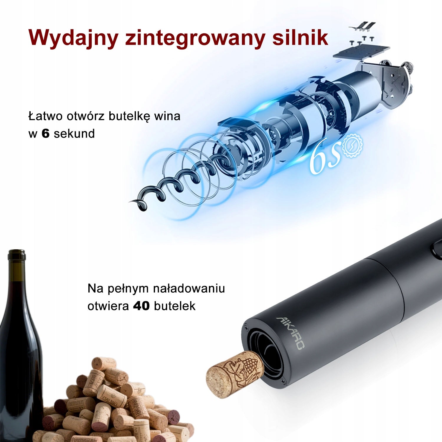 AIKARO - Electric Wine Bottle Opener Automatic Corkscrew Set, Rechargeable Manufacturer code L523000LCOLOR191106-5344