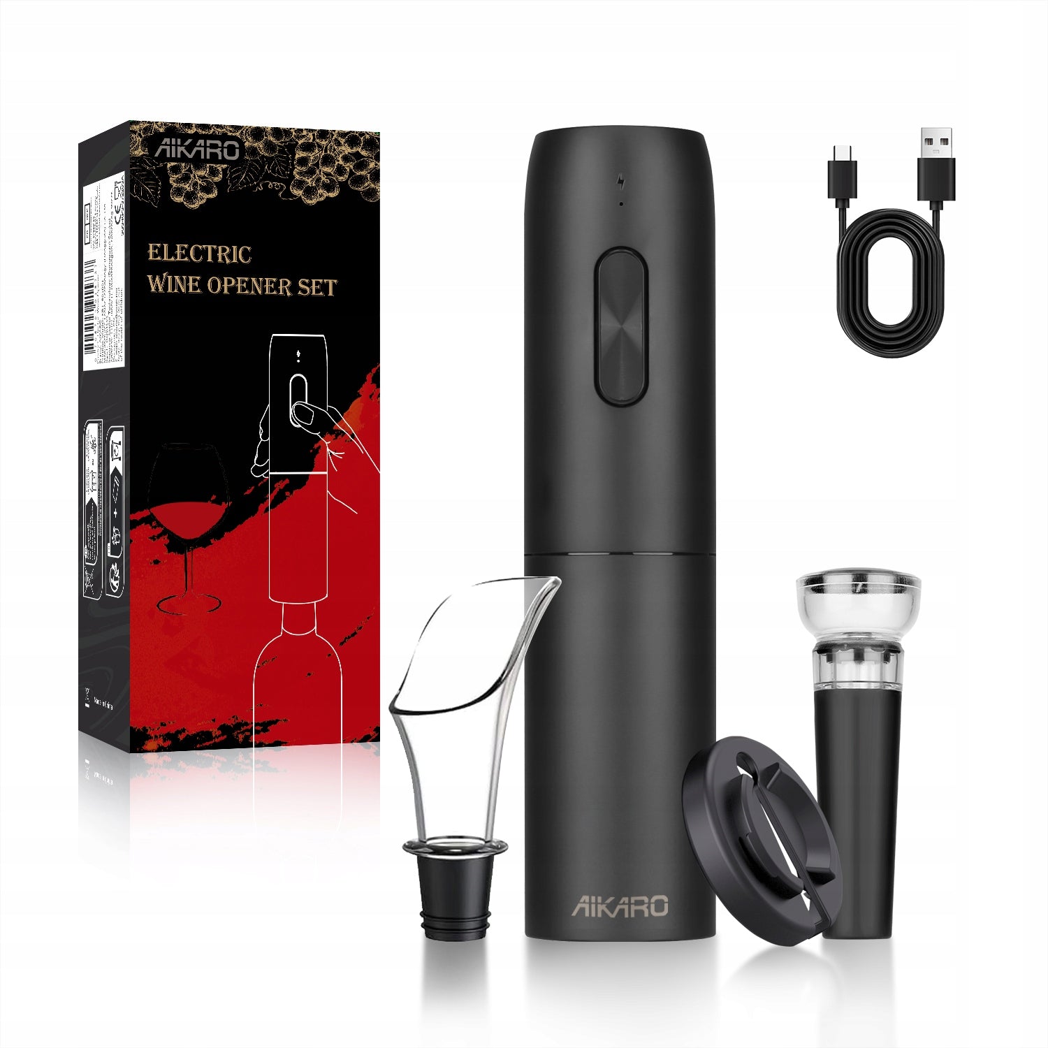 AIKARO - Electric Wine Bottle Opener Automatic Corkscrew Set, Rechargeable