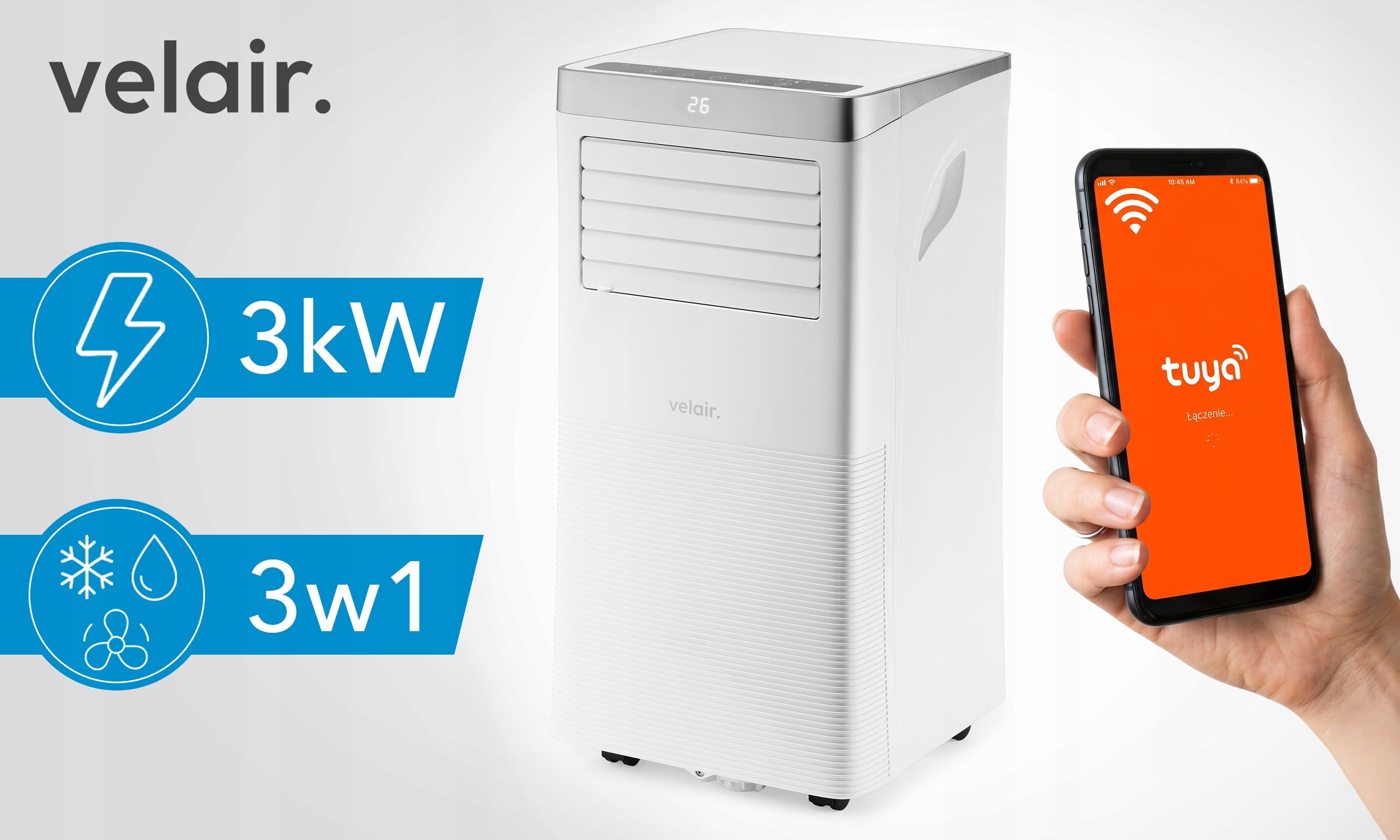 AIR CONDITIONER PORTABLE WIFI VELAIR OPTI X 3KW DEHUMIDIFIER 24L/24H QUIET Manufacturer code KLIMATYZATOR PRZENOŚNY WIFI VELAIR