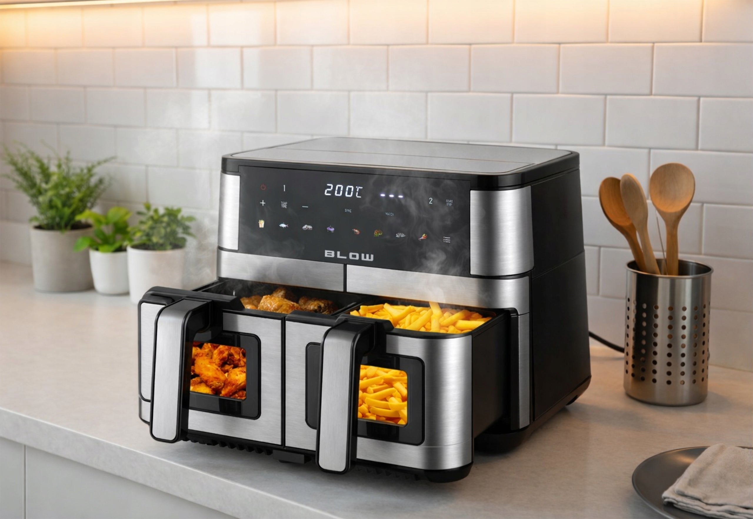 AIR FRYER TWO-CHAMBER AIR FRYER NON-FAT WINDOW 9L XXL STRONG 2600W Bowl volume 9 l