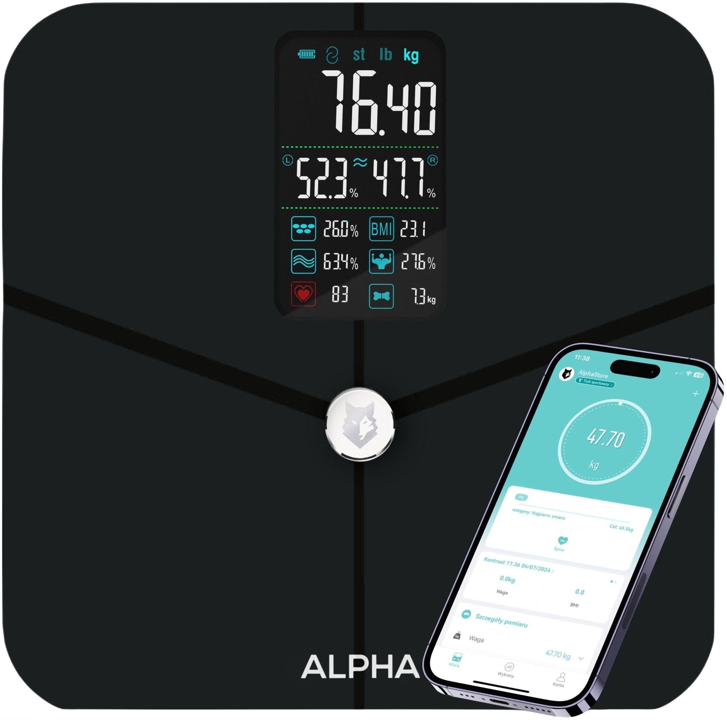 ALPHA Smart Scale Pro Bathroom Scale Additional features automatic calibration auto power-on automatic shutdown Bluetooth tare weight measurement memory non-slip base non-slip surface smartphone connection measuring muscle mass fat level measurement water level measurement user recognition overload indicator low battery indicator BMI muscle mass bone tissue fat tissue caloric demand body water content