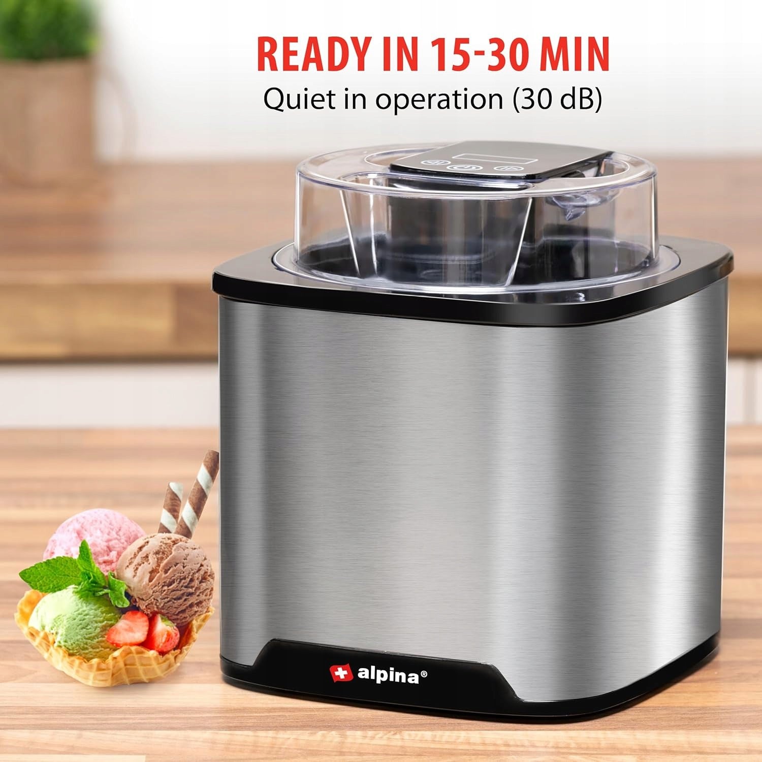 ALPINA ICE CREAM MACHINE 2L AUTOMATIC LED STAINLESS STEEL YOGURT SORBET Brand Alpina