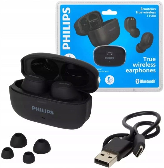 ANC PHILIPS T1500 WIRELESS EARBUDS WITH MICROPHONE - BLACK