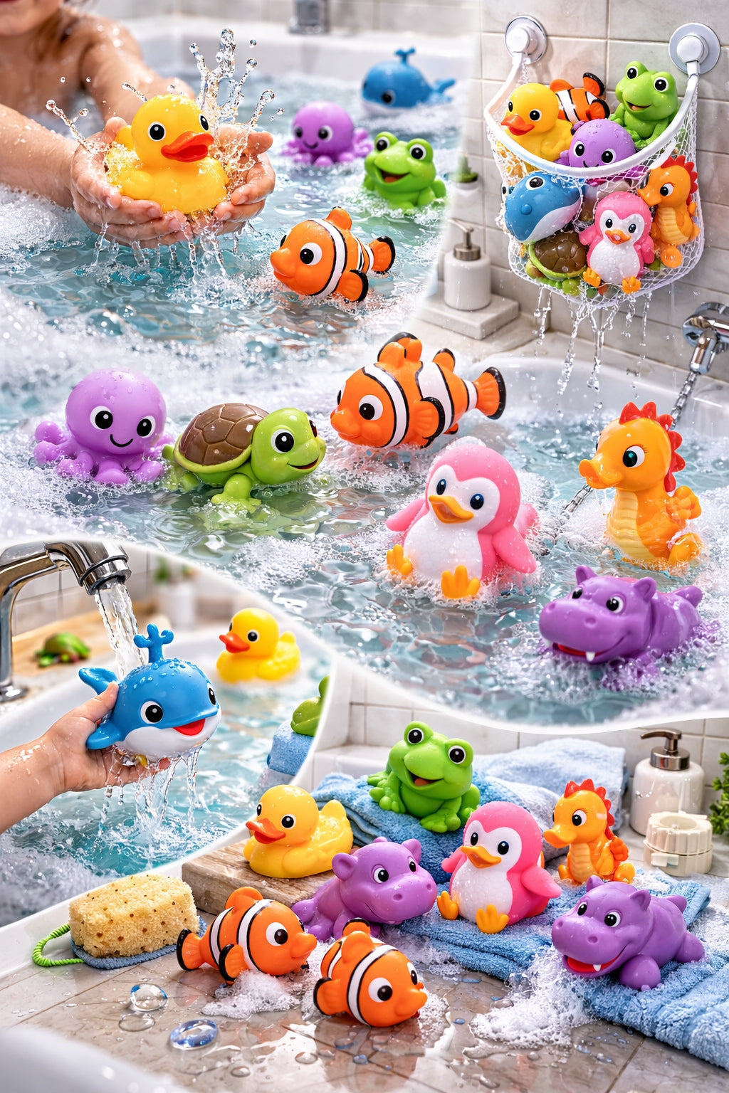 ANIMAL BATH TOY SET RUBBER + BATHTUB ORGANIZER CASE 10PCS Packaging status original