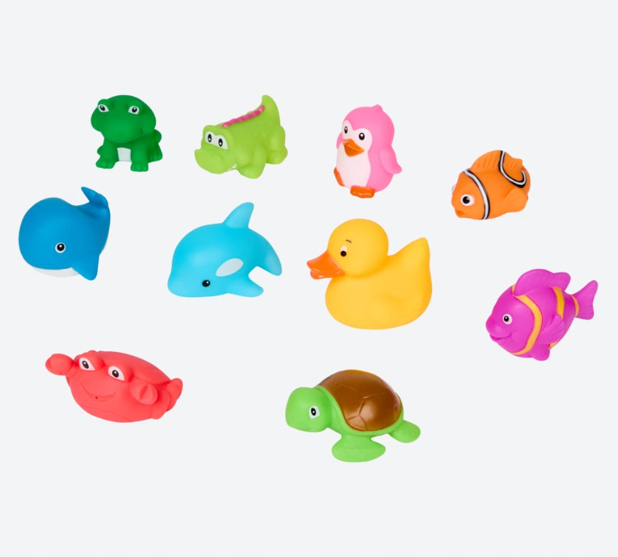 ANIMAL BATH TOY SET RUBBER + BATHTUB ORGANIZER CASE 10PCS