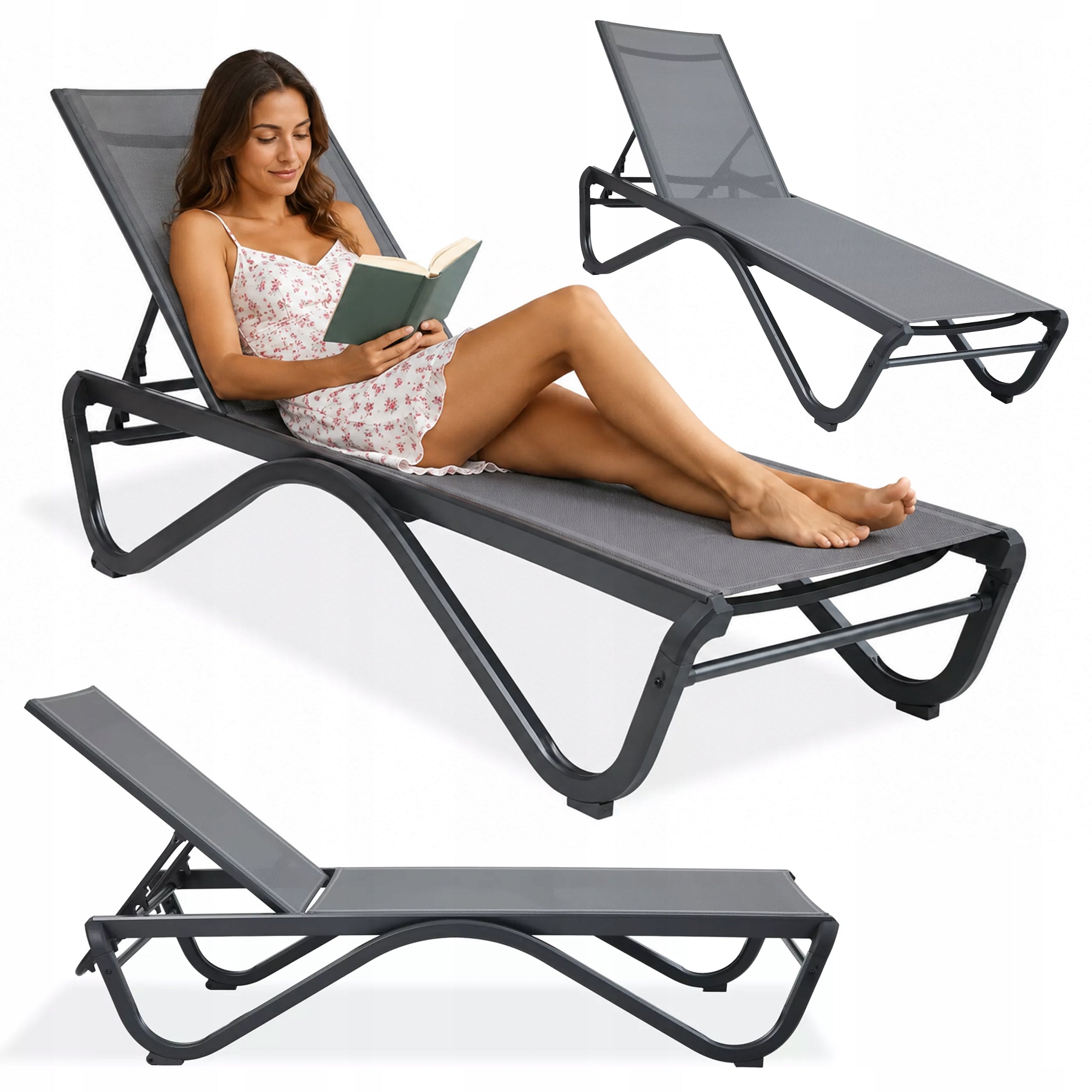 AQUALIS Aluminum Pool Garden Sun Lounger for Garden Pool Adjustable Grey