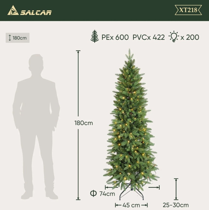 ARTIFICIAL CHRISTMAS TREE 180 CM SALCAR NARROW SLIM LED WARM WHITE PE PVC Packaging status original