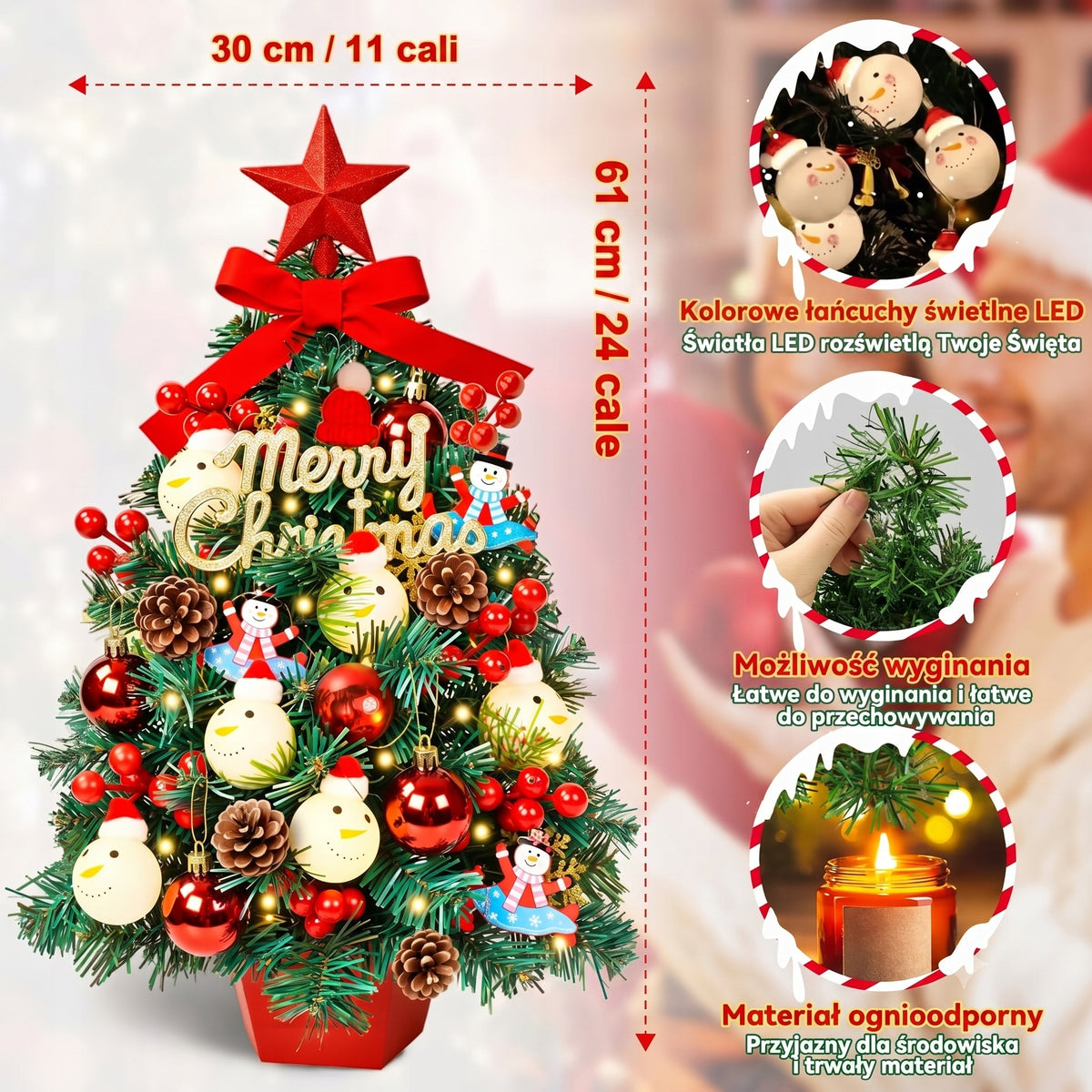 ARTIFICIAL CHRISTMAS TREE DRESSED CHRISTMAS DECORATIONS BAUBLE LAMPS 60CM Packaging status original