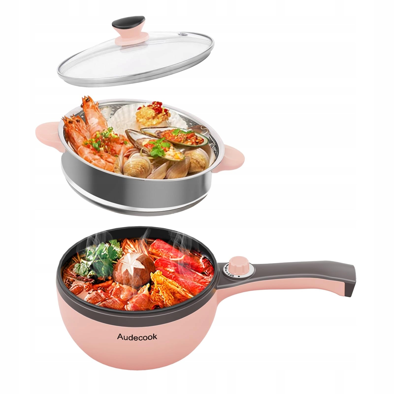 AUDECOOK Electric Pot 1,5L with Steamer Anti-Adhesive Multicooker