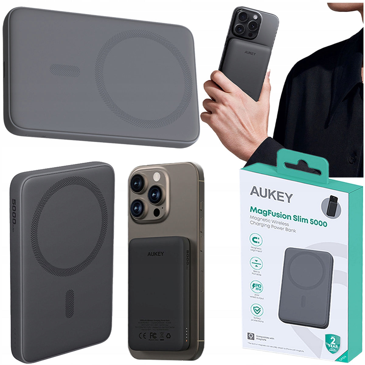 AUKEY Powerbank 5000mAh wireless charging for IPHONE Qi 15W + USB-C Packaging status original
