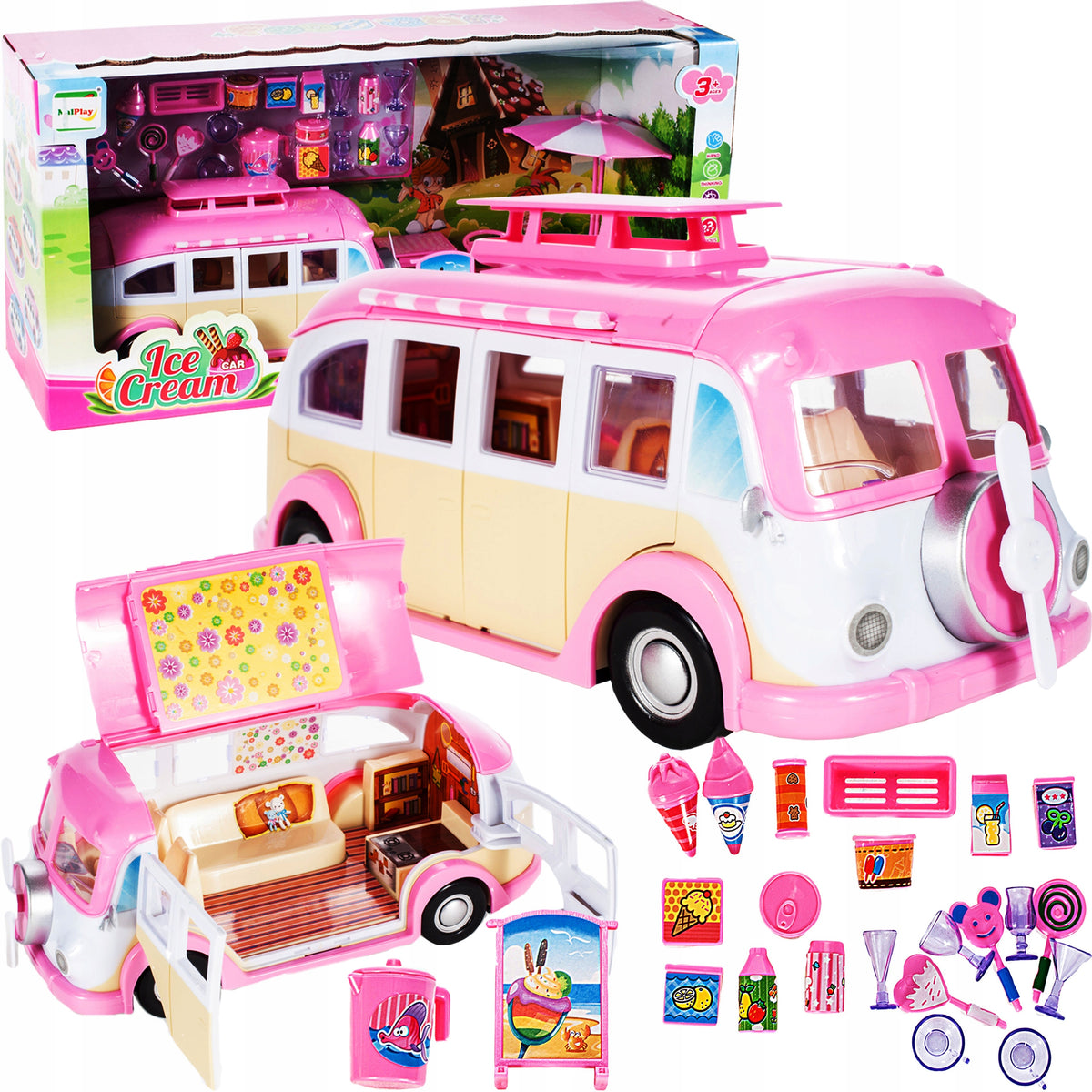AUTO MOTORHOME PINK ICE CREAM PARLOR FOR DOLLS CAR ACCESSORIES FOR GIRLS