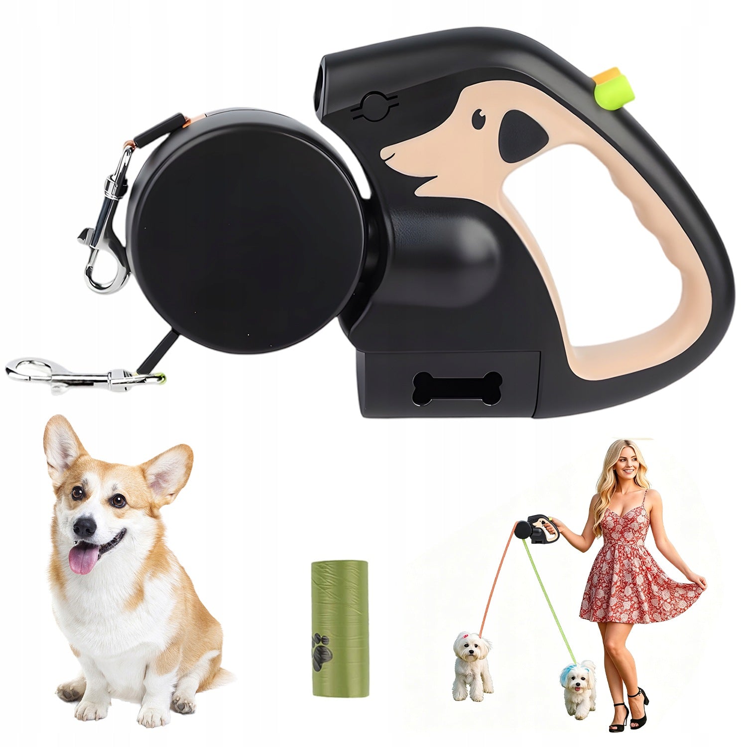 AUTOMATIC LEASH FOR 2 SMALL BREED DOGS 360° LED BAGS WALK