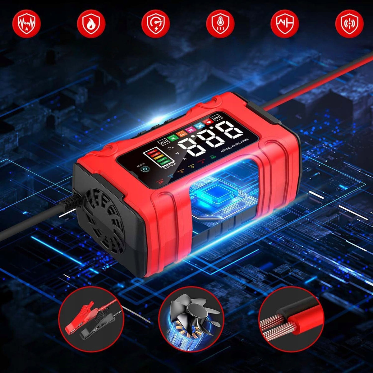 AUTOMATIC SMART RECTIFIER BATTERY CHARGER LCD 12V 24V 10A Model 6HG7347RDEU