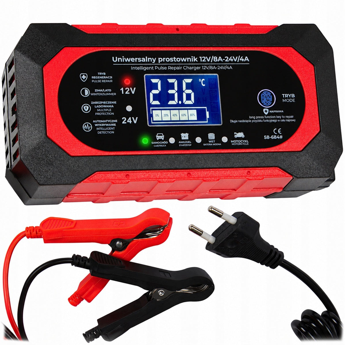 AUTOMATIC SMART RECTIFIER BATTERY CHARGER LCD 24V 12V 8A