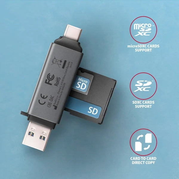 AXAGON CRE-DAC, USB-C + USB-A, 5 Gbps - MINI čtečka karet, 2-slot & lun SD/ Kind universal