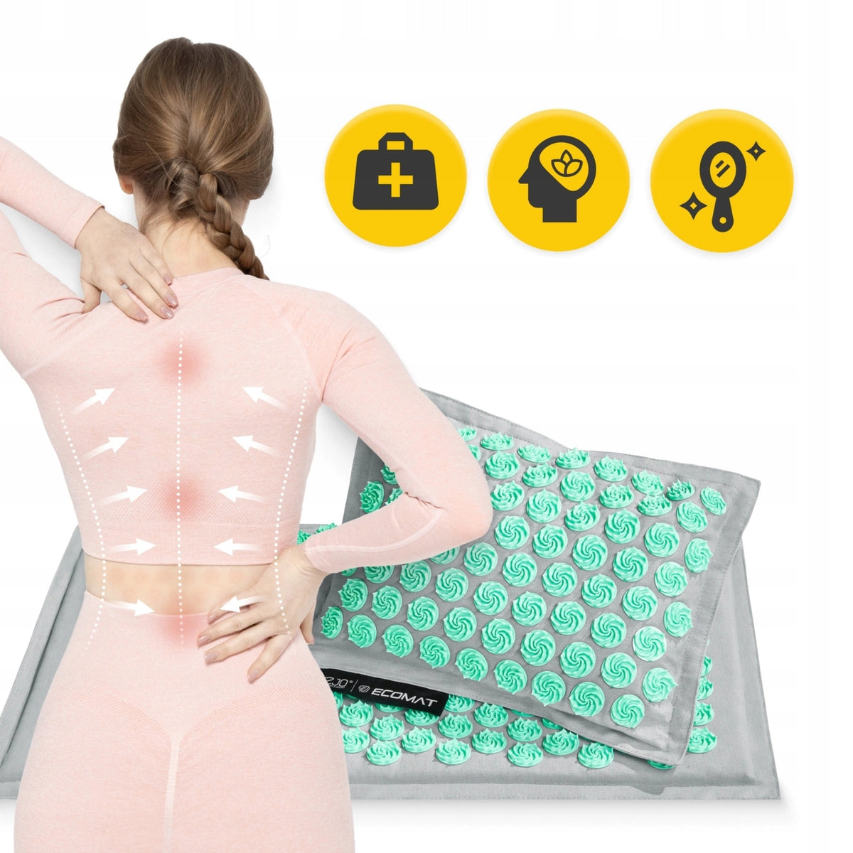 Acupressure mat 4FIZJO linen with buckwheat scales 68 x 42 cm grey-mint Color gray