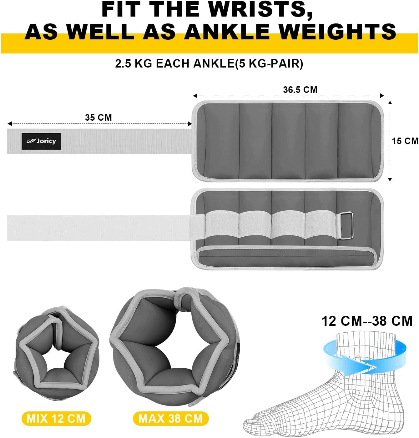 Adjustable ankle weights ankle bands for fitness 0,5 to 2,5 kg Brand JORICY
