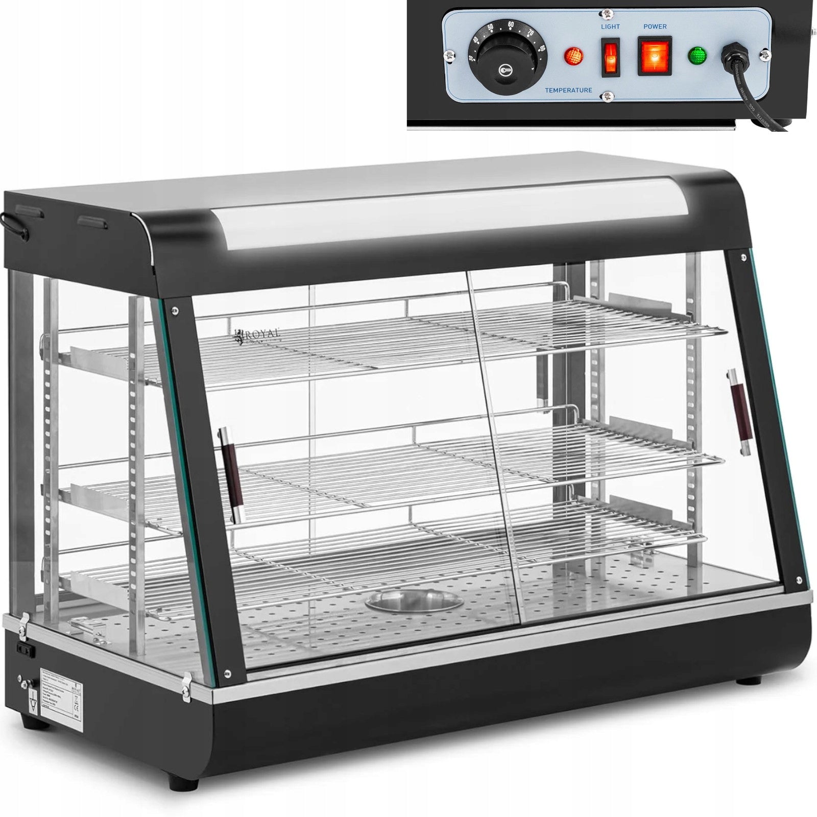 Adjustable heating display cabinet for food presentation 3 shelves 1600W 150L