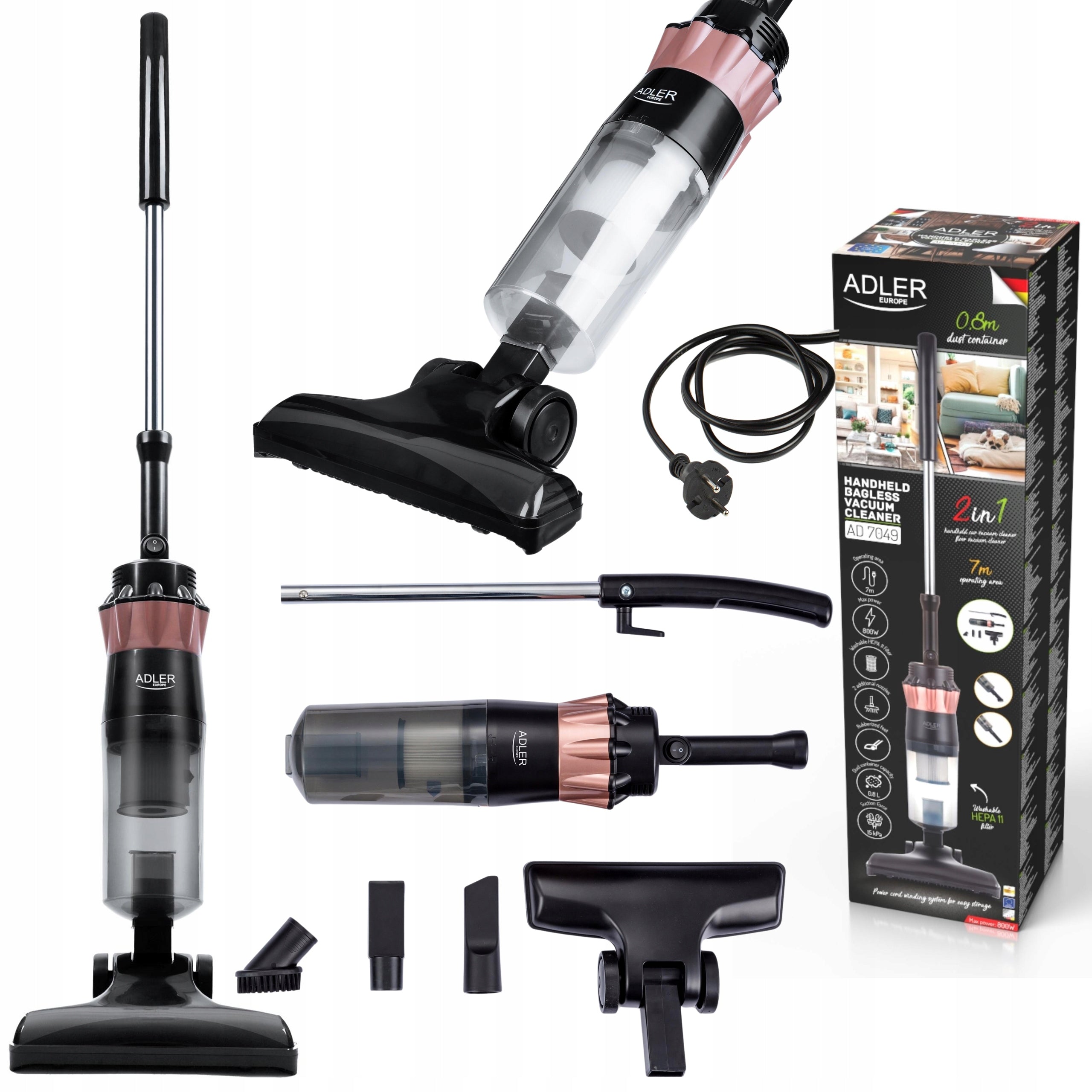 Adler AD7049 | upright vacuum cleaner | bagless * 2 in 1 * 800W * 0,8 l * HEPA