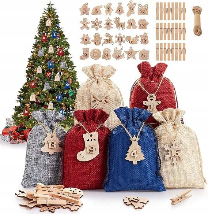 Advent Calendar DIY Empty Jute Pouches 15x10cm 24pcs Drawstring 10m