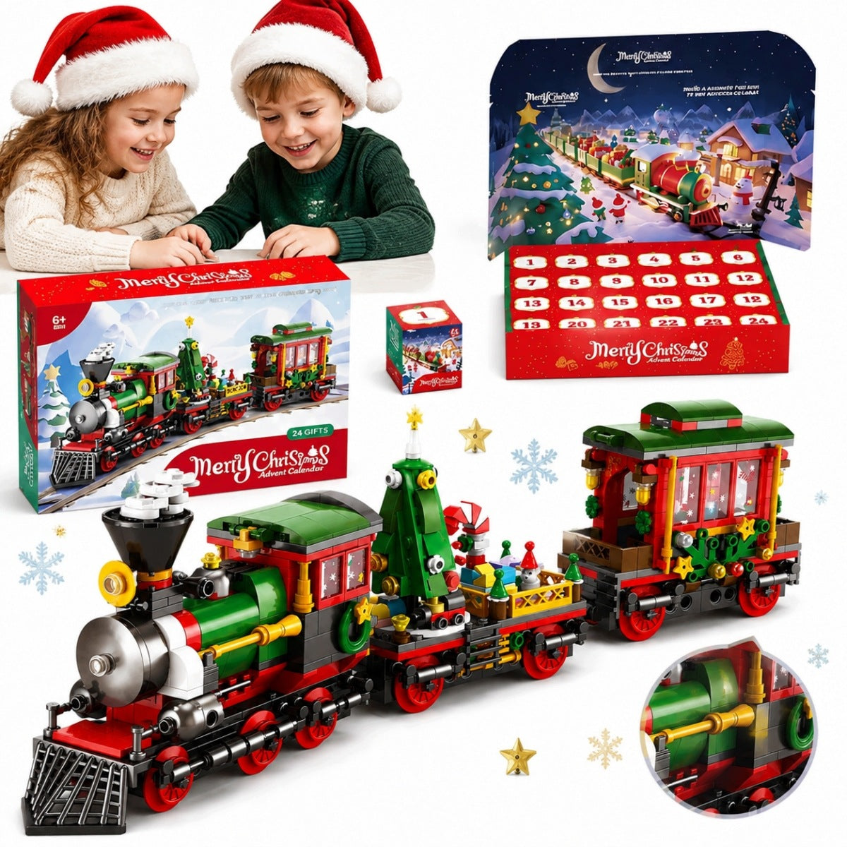 Advent calendar with train blocks toy for children gift Santa Claus