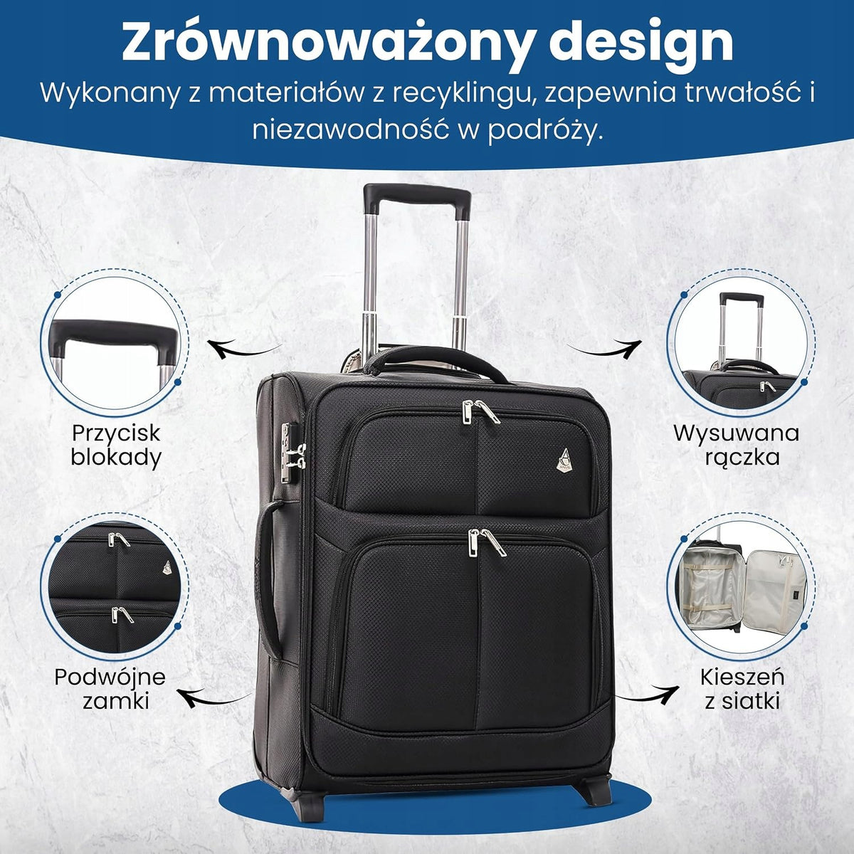 Aerolite Rozszerzana Walizka Kabinowa 55x40x20/23cm dla LOT Polish Airlines Manufacturer code S-AERO9639-BLACK-554020