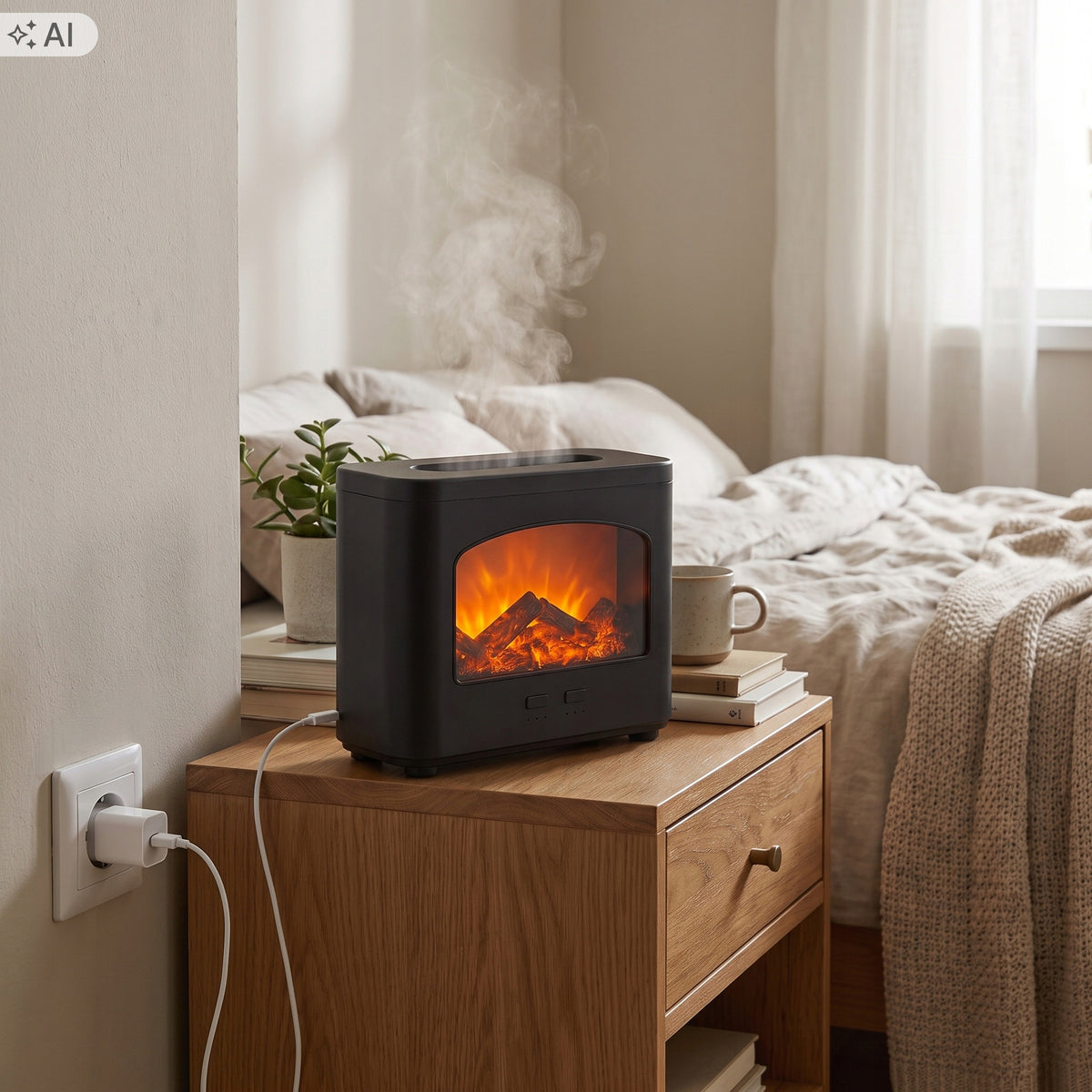 Air Humidifier Diffuser Fireplace Flame Effect LED Timer USB-C 240ml Packaging status original