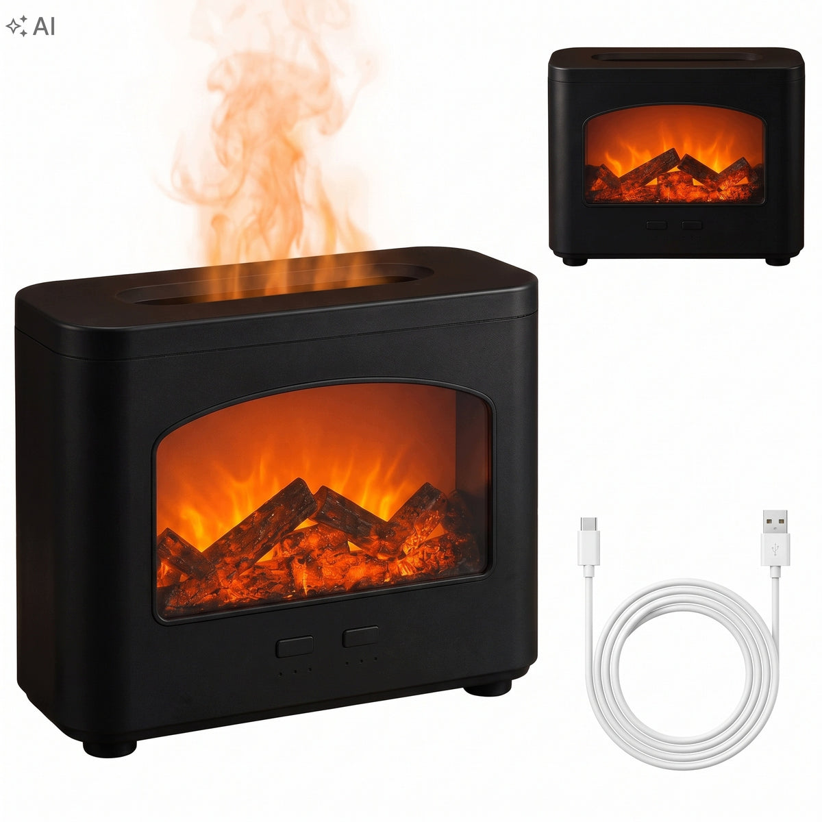 Air Humidifier Diffuser Fireplace Flame Effect LED Timer USB-C 240ml