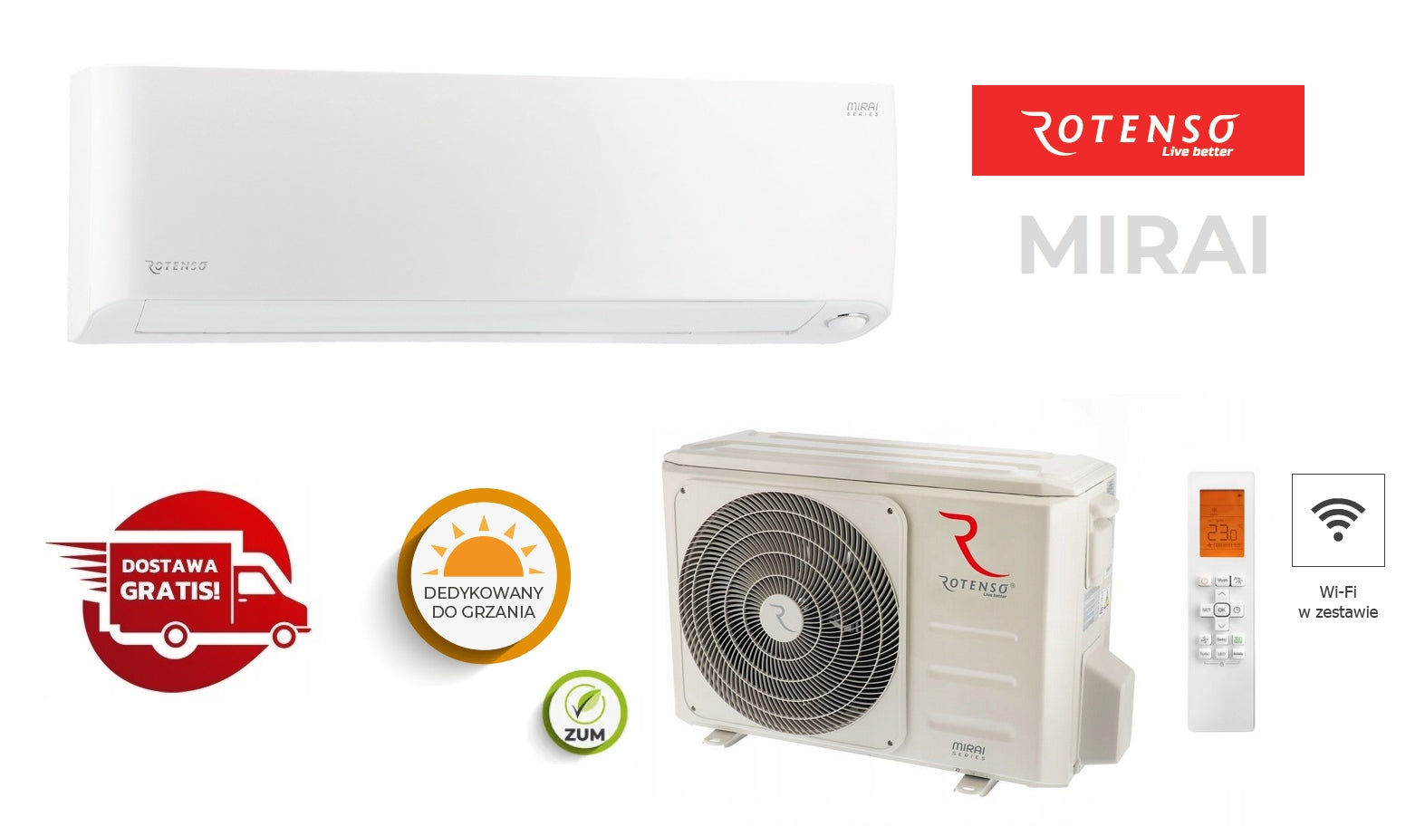 Air conditioner with heating Rotenso MIRAI power 3,5 kW with WiFi, M35Xi + M35Xo A+++ Packaging status original