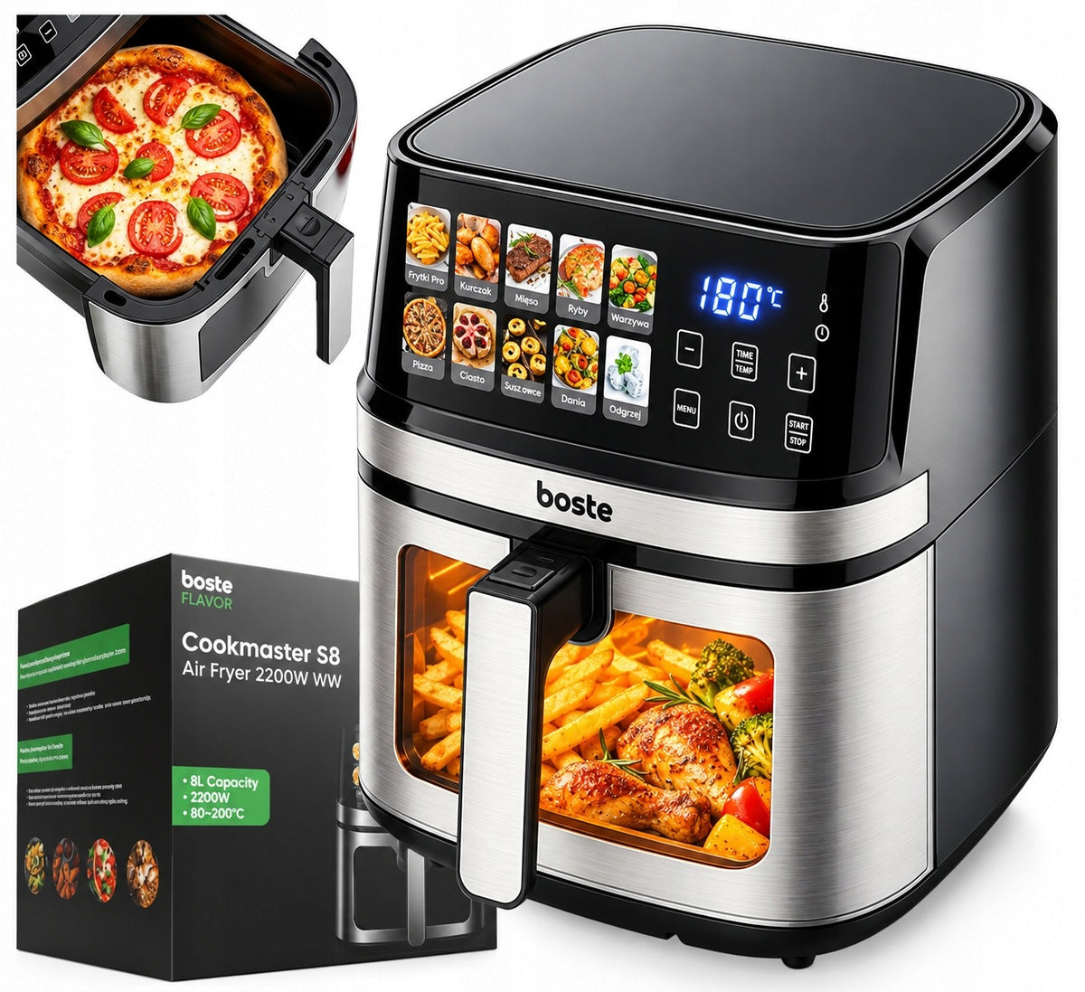 Airfryer Fat Free Airfryer 10 Programs Large 8L 2200W 2 HEATERS