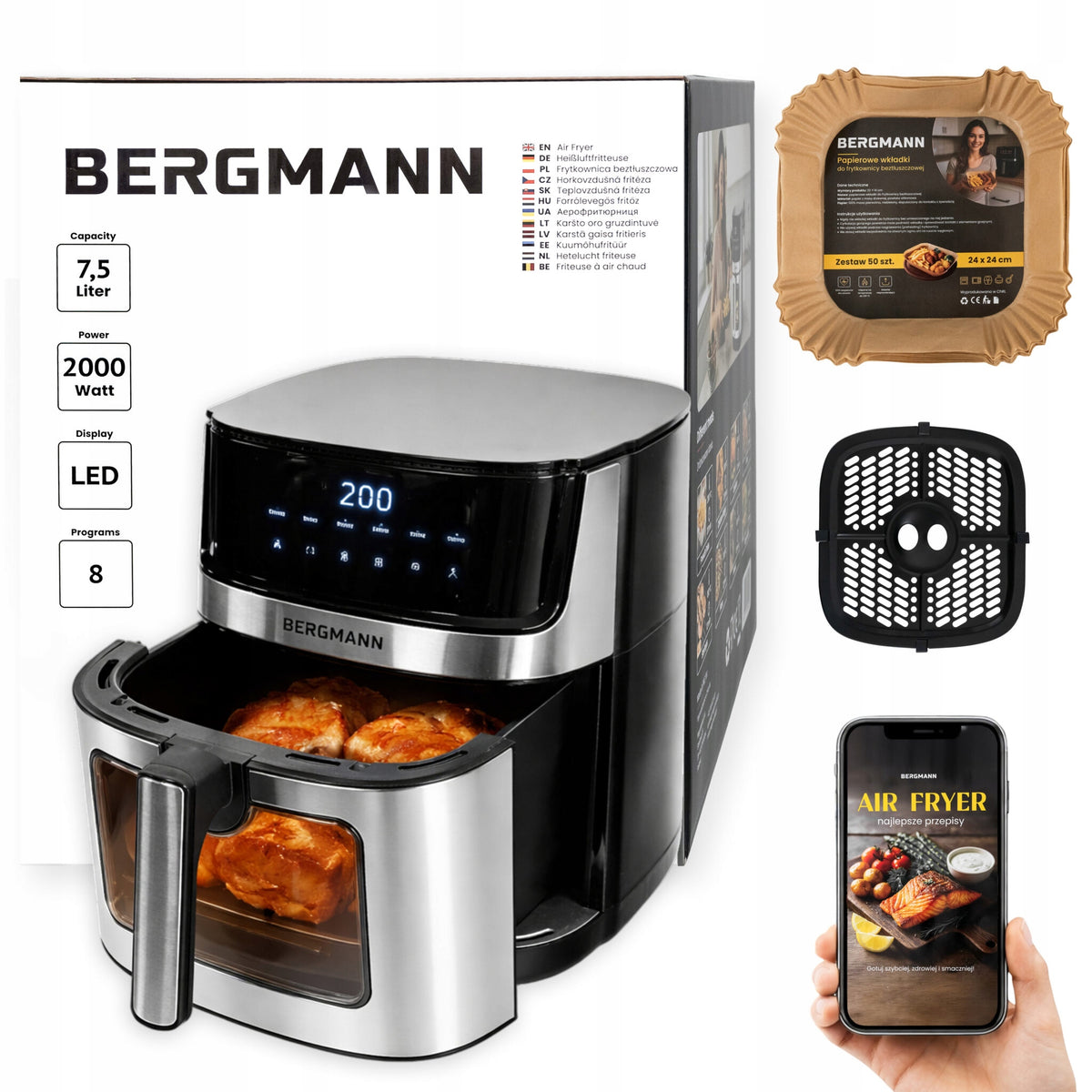 Airfryer Fat Free Airfryer 8 Programs 7,5L STRONG 2000W 2 HEATERS