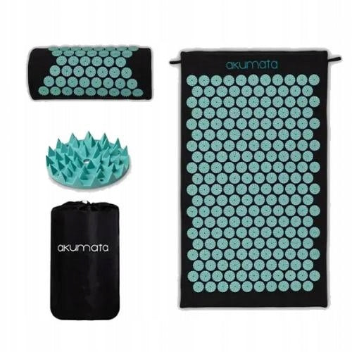 Akumata Acupressure Mat with Back Pain Pillow, Black and Mint