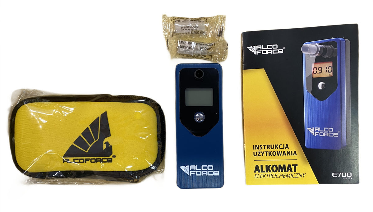 AlcoForce E700 breathalyzer with blue sensor + CASE + MOUTHPIECES Packaging status original