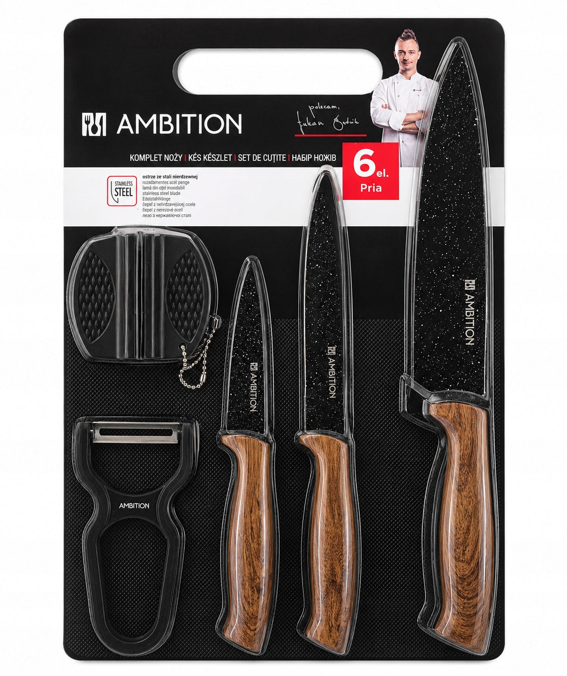 Ambition Pria wood Set of 3 knives peeler sharpener