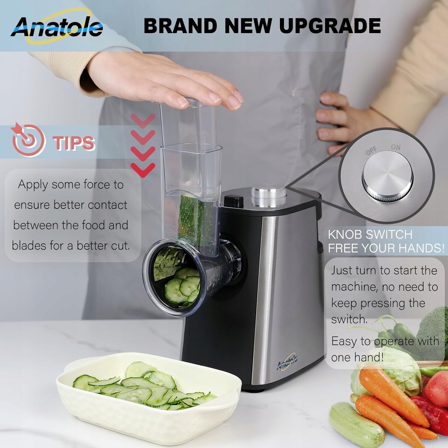 Anatole Electric Cheese and Vegetable Grater 250W, 5 Blades, Stainless Steel EAN (GTIN) 5906521773520