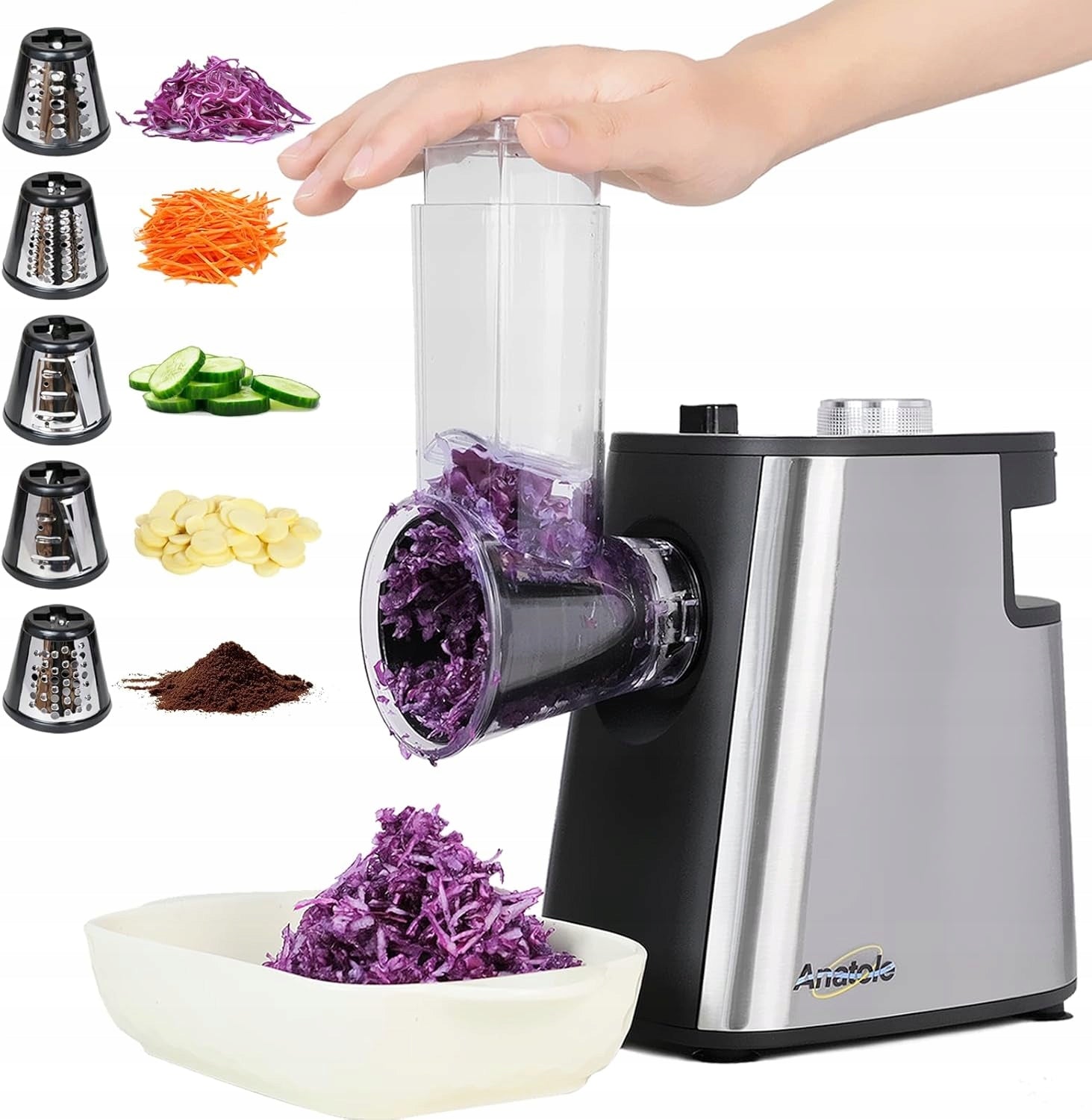 Anatole Electric Cheese and Vegetable Grater 250W, 5 Blades, Stainless Steel