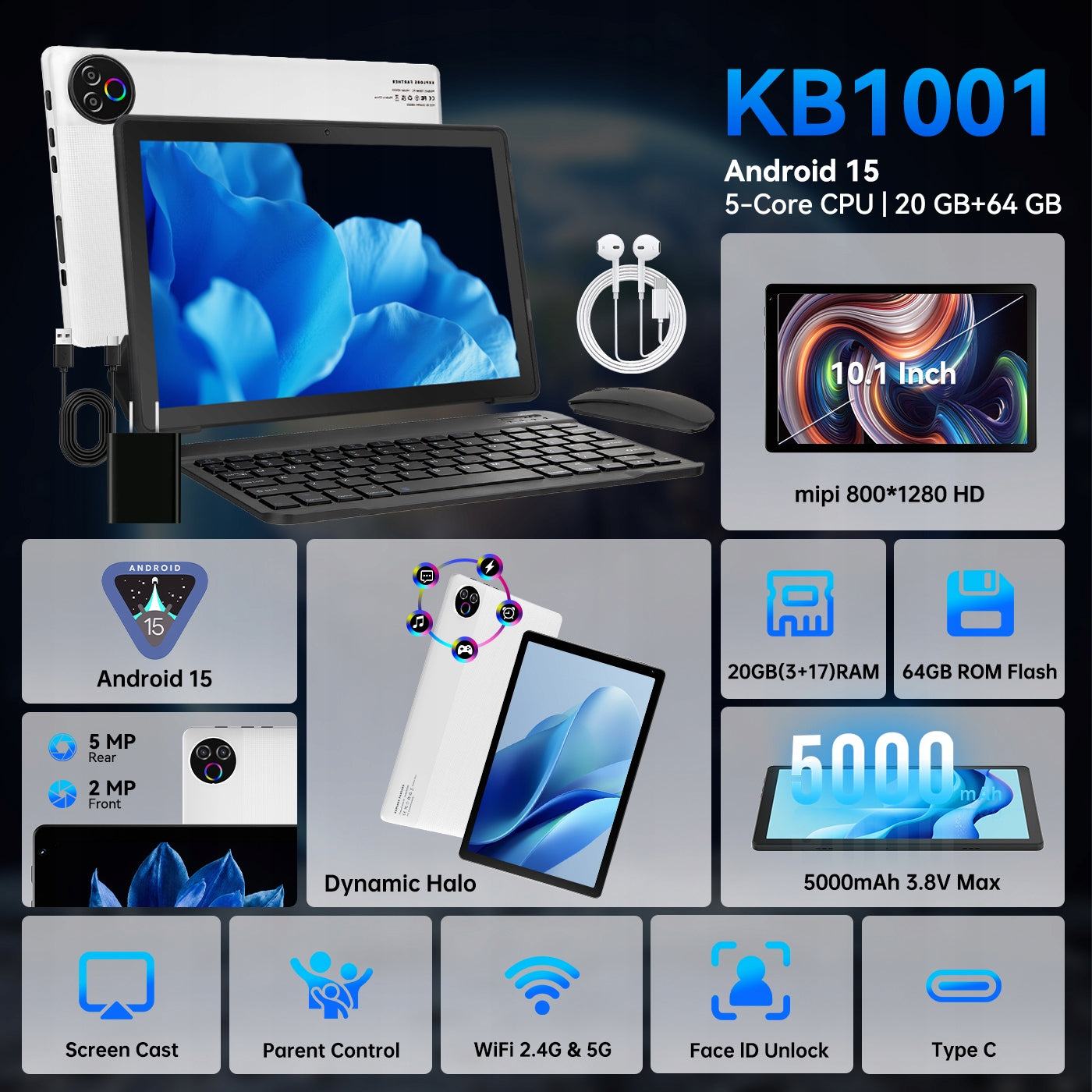 Android 15 2-in-1 Tablet 10“ 20GB+1TB expand Keyboard Case& Stylus Mouse Operating system version Android 15