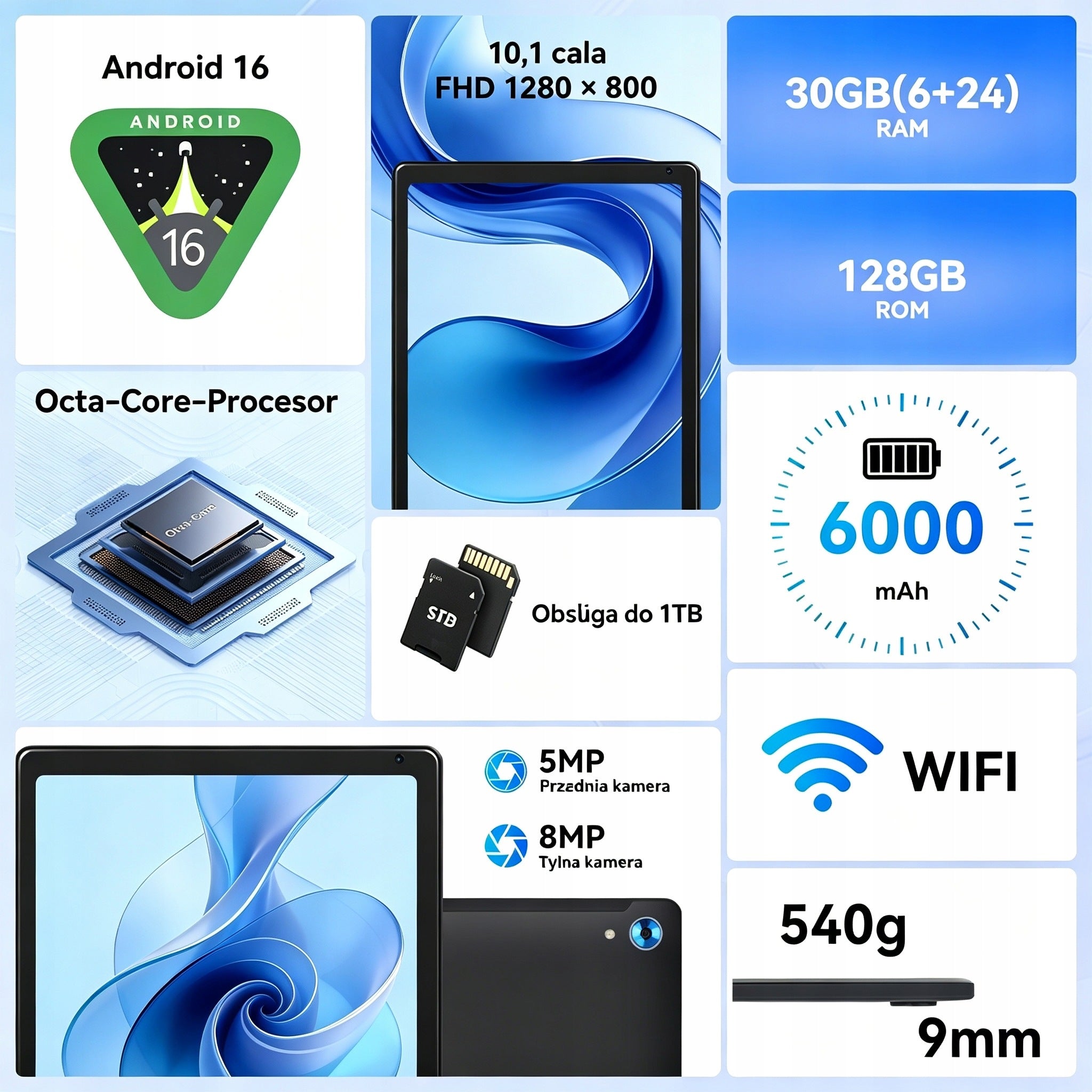 Android 16 10.1" Tablet 8-Core 30GB+128GB WIFI Keyboard Mouse for Study Packaging status original