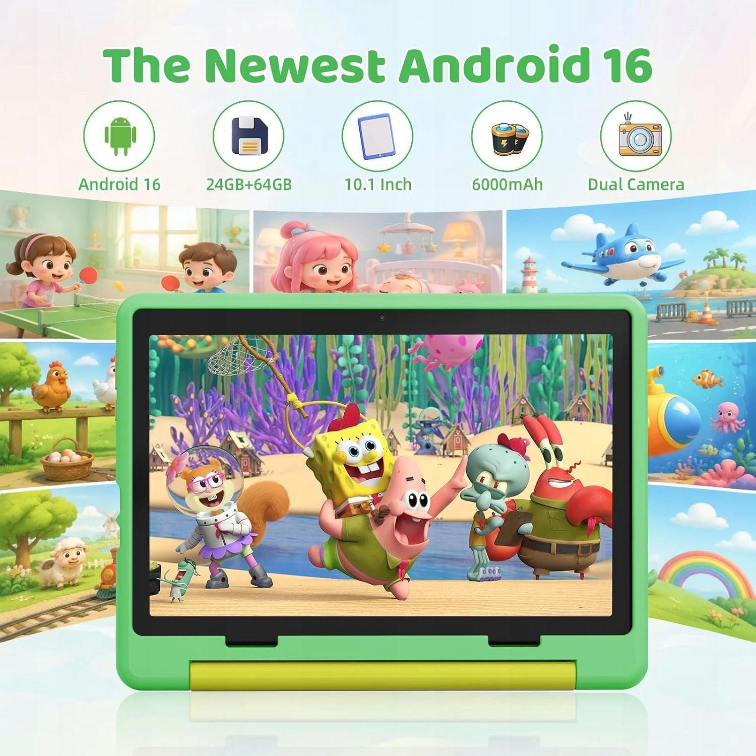 Android 16 Kids Tablet 10" 24GB+64GB WIFI 6 Educational With Case for Study Packaging status original