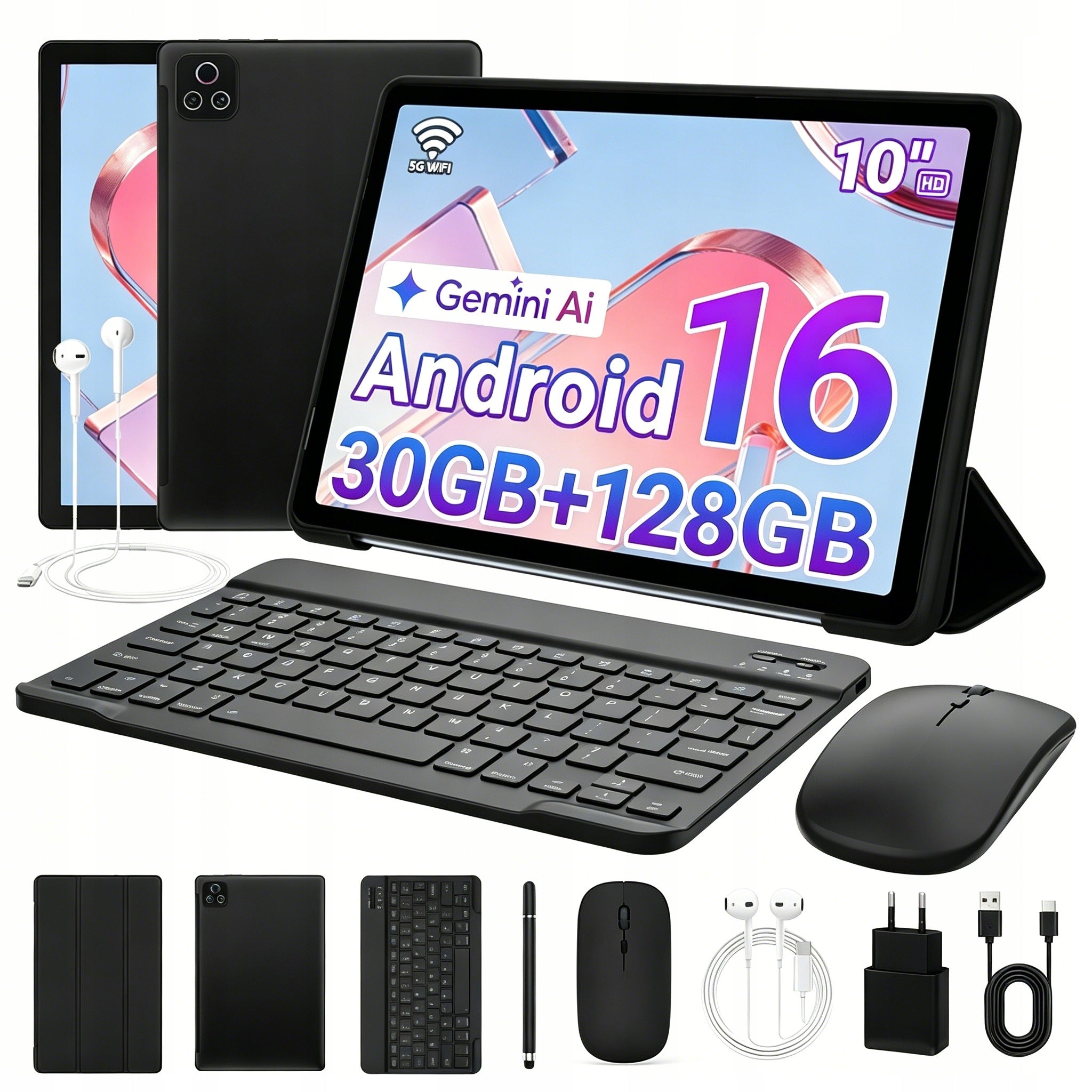Android 16 Tablet 10.1" 30GB+128GB 8-Core with Keyboard Mouse Black