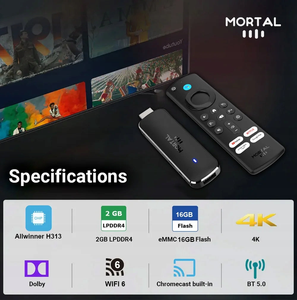 Android TV Stick Q8 4K UHD WiFi 6 Voice Remote Netflix YouTube Media Player Model q8 mortal