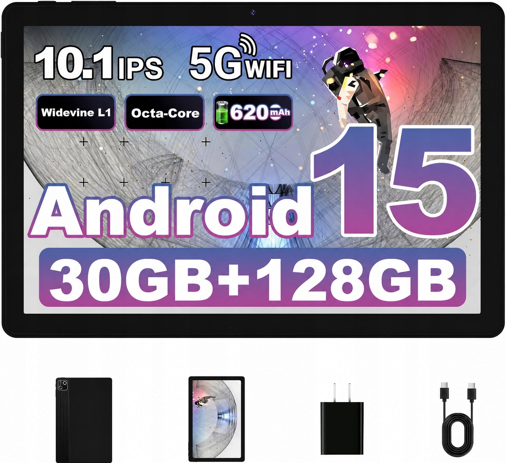 Android Tablet 10“ 30GB+128GB+2TB TF 6200mAh 15W Fast Charge 1280x800 Black